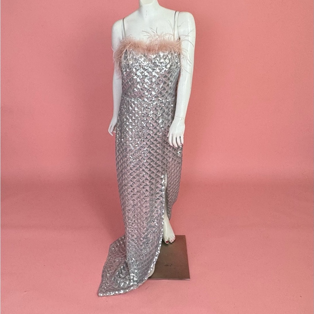 City Triangles Prom Dress Juniors 7 Silver Sequin Feather Maxi Gown Slit